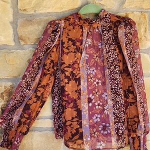Elegant Floral Women's Blouse - Burgundy and Orange